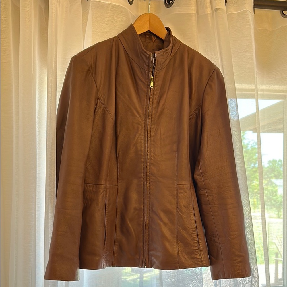 Cole Haan Camel Brown Calf Leather Jacket With Gold Zipper